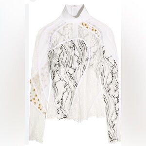 Carven Paneled Lace Mesh Turtleneck Top